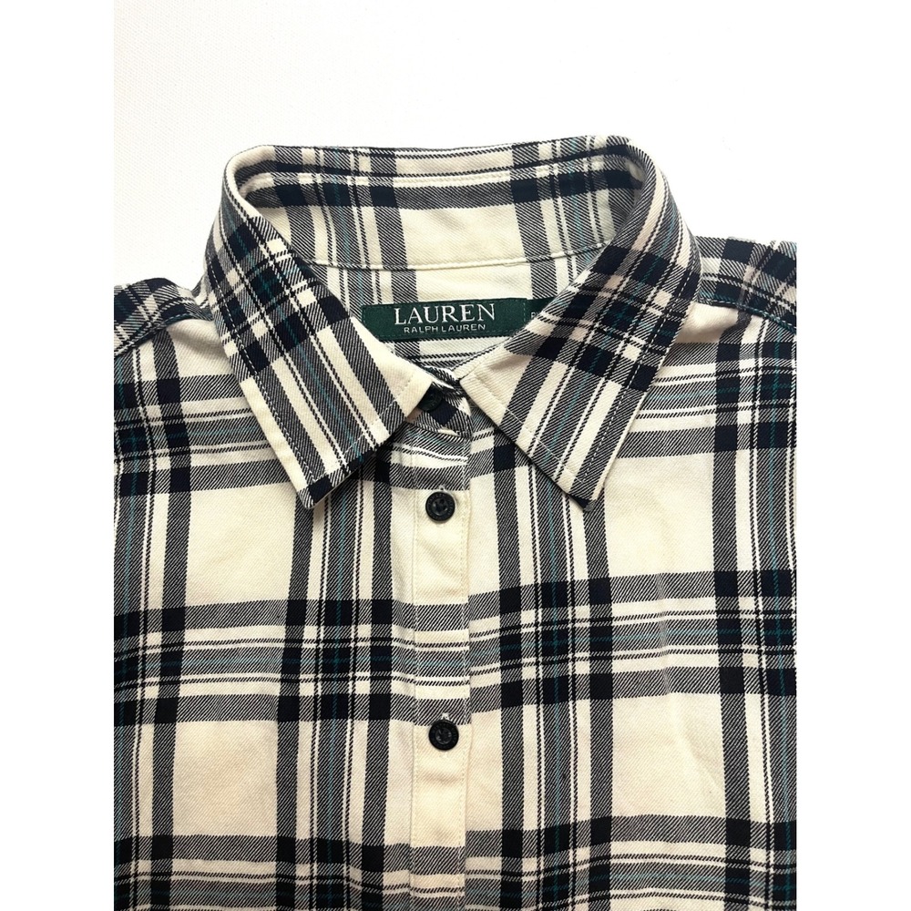 Lauren Ralph Lauren Womens Petite XS Plaid Cotton Button Down Shirt Cream Navy - Picture 2 of 13